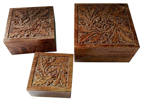 Mango Wood Acorn Design Set of 3 Boxes - Click Image to Close
